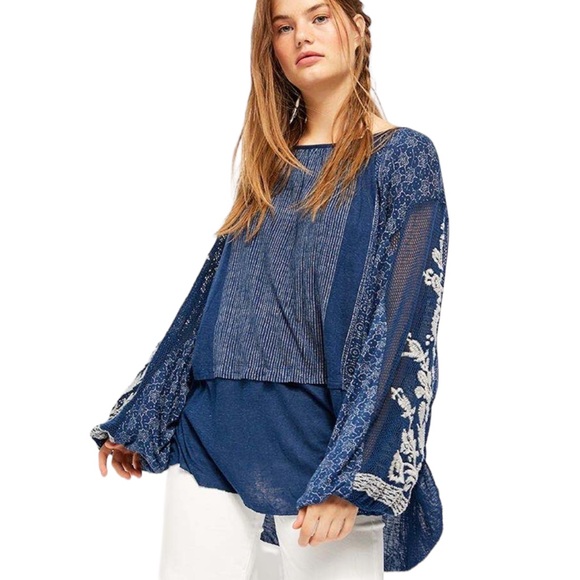 Free People Tops - Free People Indigo Dreams Tunic Oversize Large L Slouchy Embroidery NWT fits XXL